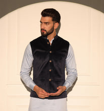 Load image into Gallery viewer, Maurya Navy Blue Velvet Nehru Jacket
