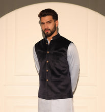 Load image into Gallery viewer, Maurya Navy Blue Velvet Nehru Jacket