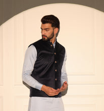 Load image into Gallery viewer, Maurya Navy Blue Velvet Nehru Jacket