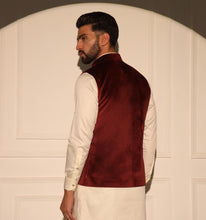 Load image into Gallery viewer, Akbar Maroon Velvet Nehru Jacket