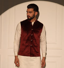 Load image into Gallery viewer, Akbar Maroon Velvet Nehru Jacket