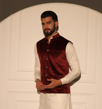 Load image into Gallery viewer, Akbar Maroon Velvet Nehru Jacket