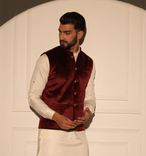 Load image into Gallery viewer, Akbar Maroon Velvet Nehru Jacket
