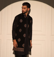 Load image into Gallery viewer, Prithviraj Black Embroidered Long Nehru Jacket