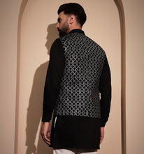 Load image into Gallery viewer, Khalji Black Velvet Embroidered Nehru Jacket