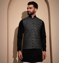 Load image into Gallery viewer, Khalji Black Velvet Embroidered Nehru Jacket