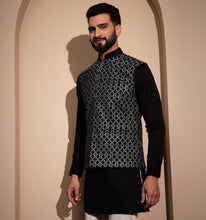 Load image into Gallery viewer, Khalji Black Velvet Embroidered Nehru Jacket