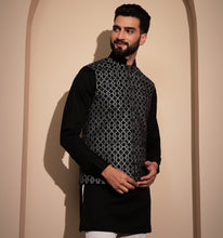 Load image into Gallery viewer, Khalji Black Velvet Embroidered Nehru Jacket