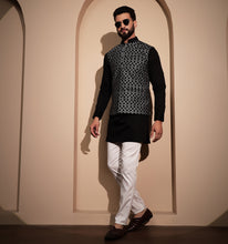 Load image into Gallery viewer, Khalji Black Velvet Embroidered Nehru Jacket
