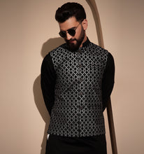 Load image into Gallery viewer, Khalji Black Velvet Embroidered Nehru Jacket
