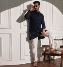 Load image into Gallery viewer, Taimur Navy Velvet Embroidered Nehru Jacket