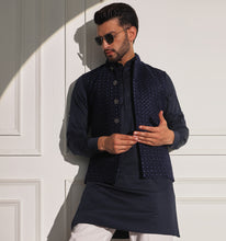 Load image into Gallery viewer, Taimur Navy Velvet Embroidered Nehru Jacket