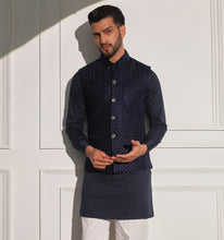 Load image into Gallery viewer, Taimur Navy Velvet Embroidered Nehru Jacket