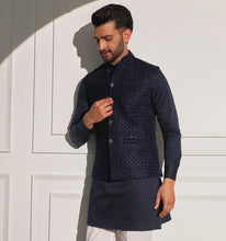 Load image into Gallery viewer, Taimur Navy Velvet Embroidered Nehru Jacket
