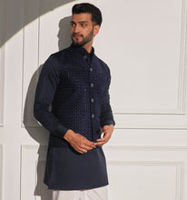Load image into Gallery viewer, Taimur Navy Velvet Embroidered Nehru Jacket