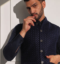 Load image into Gallery viewer, Taimur Navy Velvet Embroidered Nehru Jacket