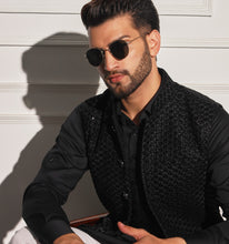 Load image into Gallery viewer, Porus Black Velvet Embroidered Nehru Jacket