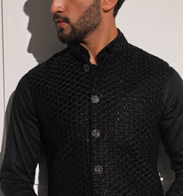 Load image into Gallery viewer, Porus Black Velvet Embroidered Nehru Jacket