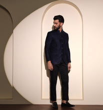 Load image into Gallery viewer, Navy Velvet Embroidered Bandhgala Blazer