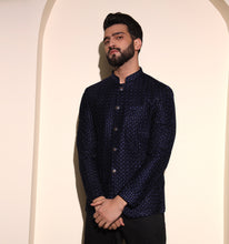 Load image into Gallery viewer, Navy Velvet Embroidered Bandhgala Blazer
