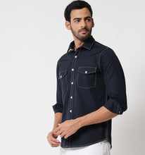 Load image into Gallery viewer, Navy Contrast Stitch Detail Shirt